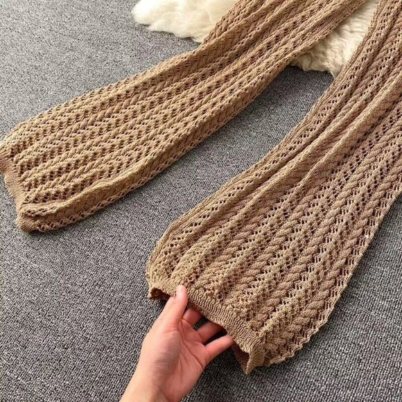 Crochet Outfit Set Two Piece Crop Top/Pants Brown Medium Halter Hollow Beach - Picture 9 of 10